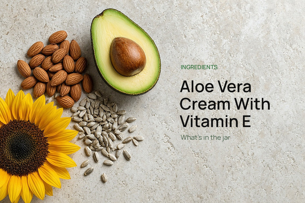 Avocado half, almonds, sunflower seeds, and a sunflower on stone, with the title Aloe Vera Cream With Vitamin E.