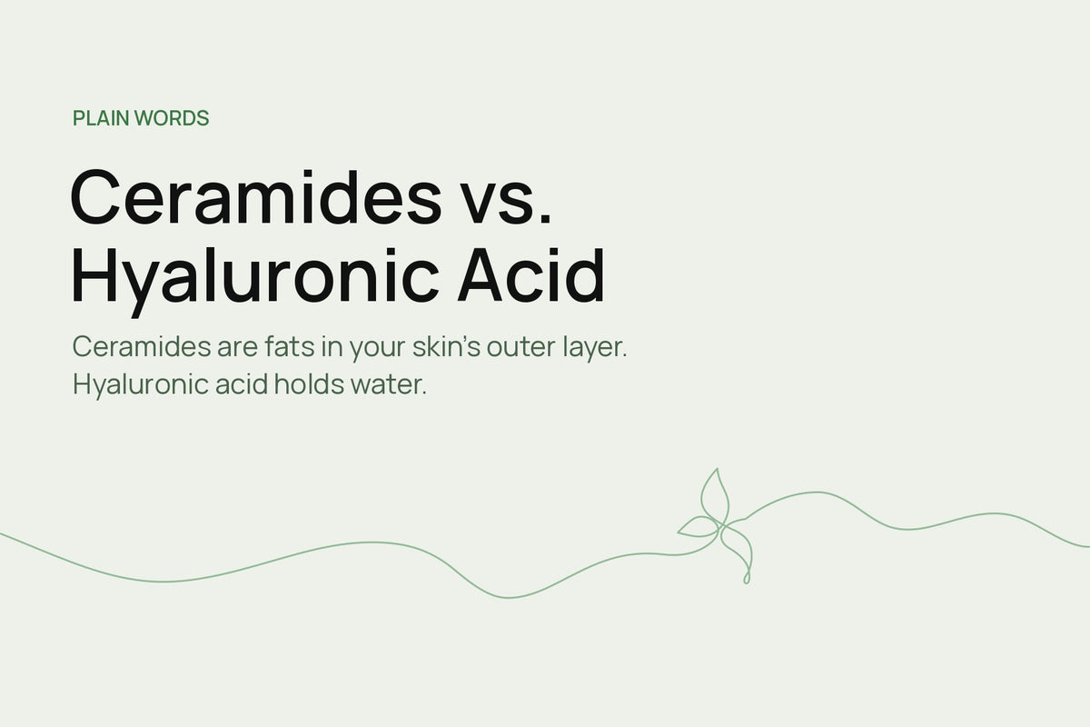 Title card reading Ceramides vs. Hyaluronic Acid, with a plain-words line on what each one does