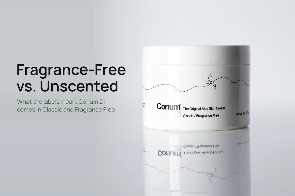 Corium 21 Fragrance Free aloe vera skin cream jar on a soft gray backdrop with the title Fragrance-Free vs. Unscented