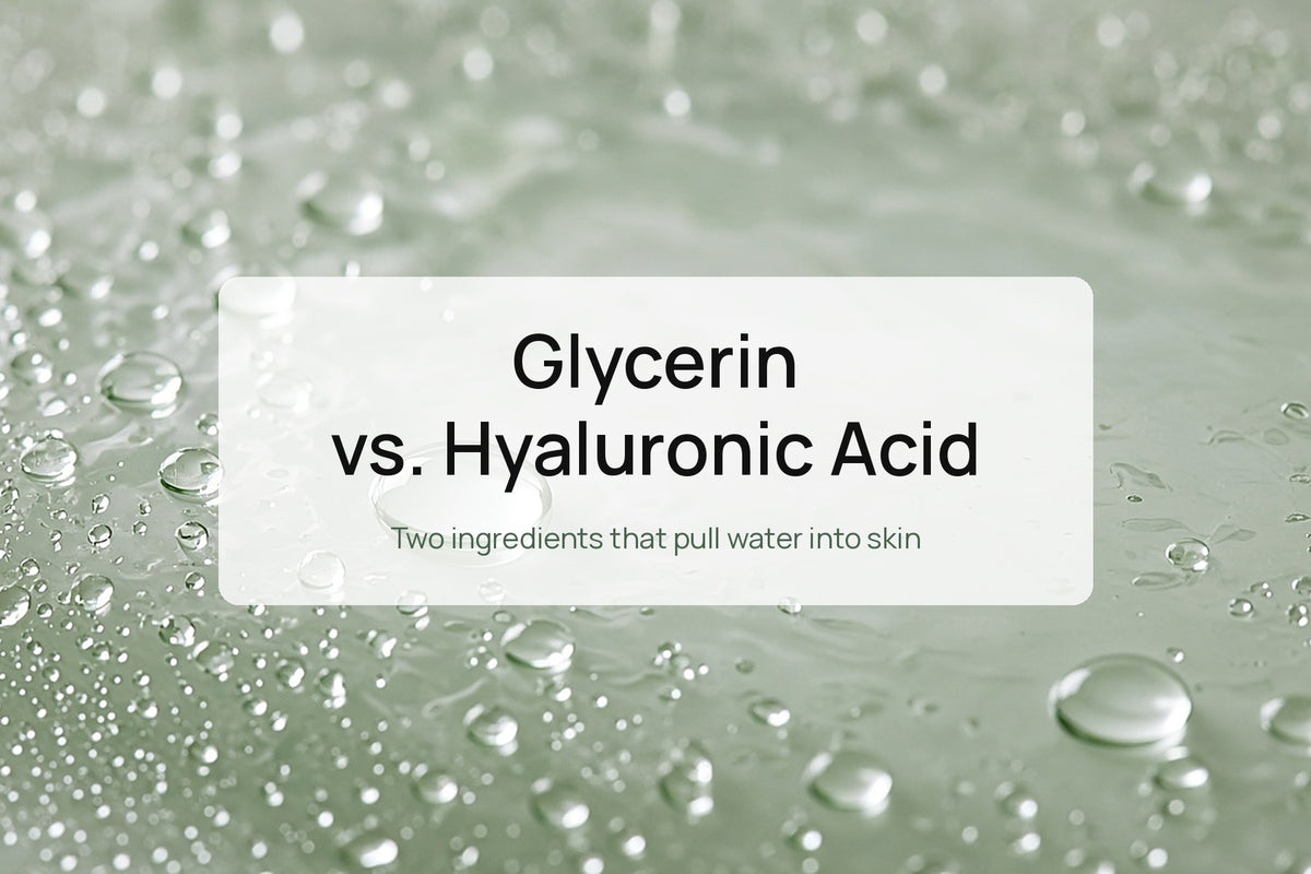 Water droplets beaded on pale green glass behind the title Glycerin vs. Hyaluronic Acid