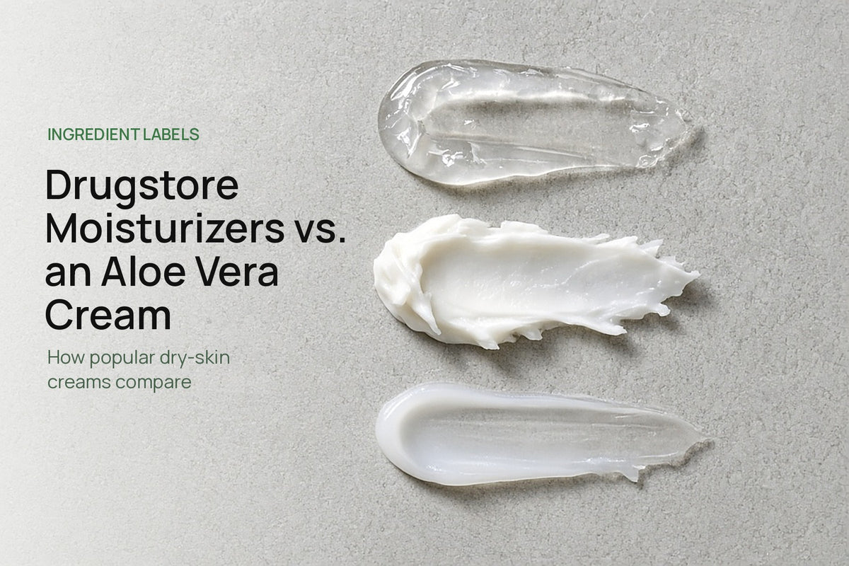 Three swatches on grey stone: a clear ointment, a thick white cream and a thin lotion, beside the title Drugstore Moisturizers vs. an Aloe Vera Cream