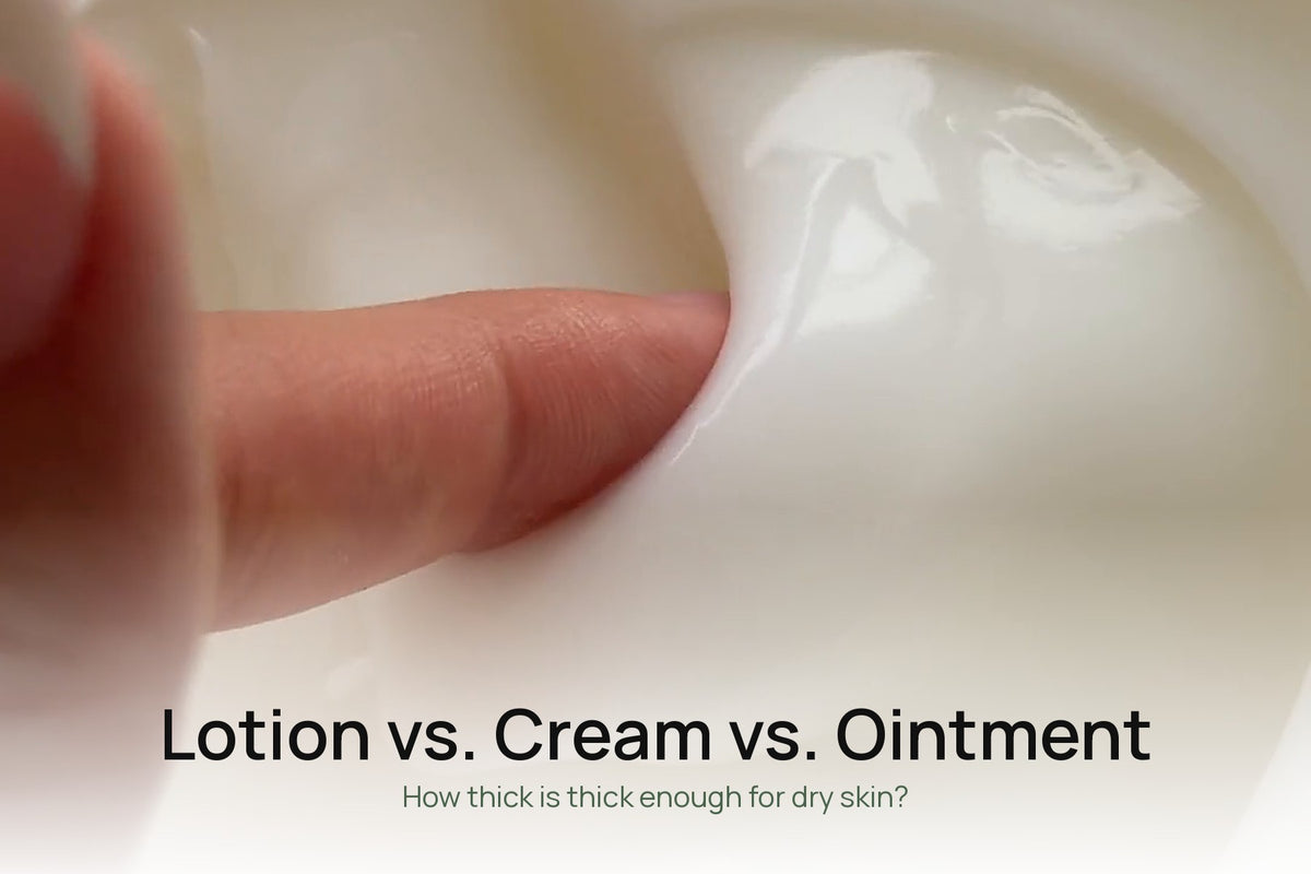 A finger dipping into a thick white cream, with the title Lotion vs. Cream vs. Ointment