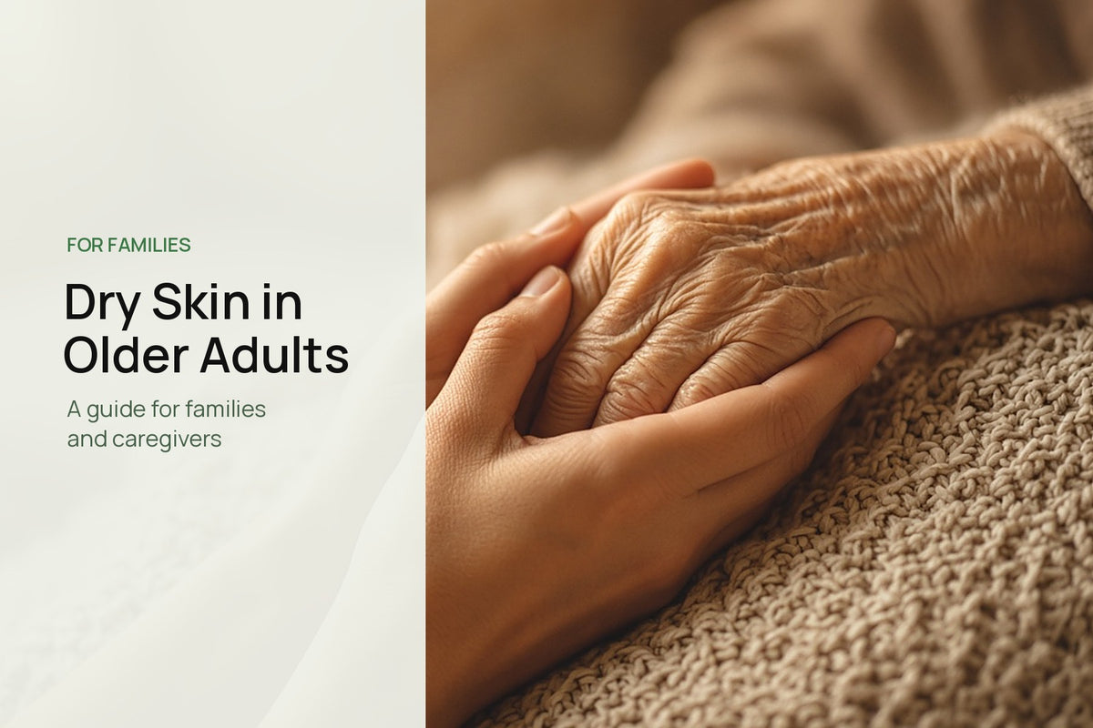 A younger hand gently holding an older person's hand, beside the title Dry Skin in Older Adults.