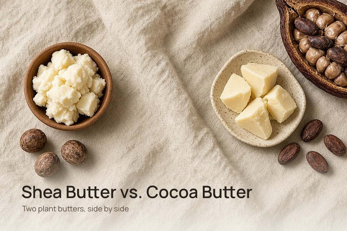 Raw shea butter and shea nuts beside cocoa butter chunks and cocoa beans on beige linen