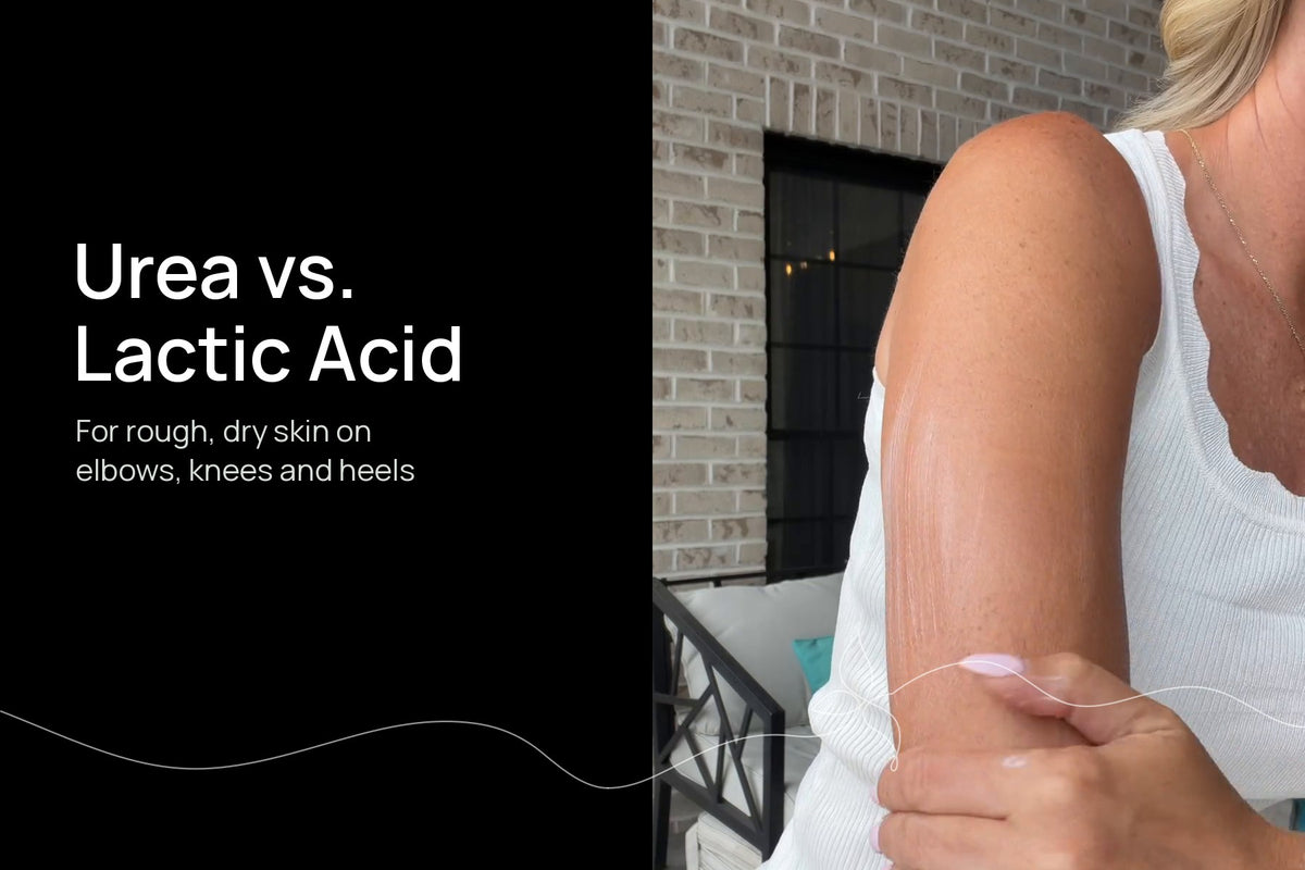 A woman smoothing cream onto her upper arm, beside the title Urea vs. Lactic Acid