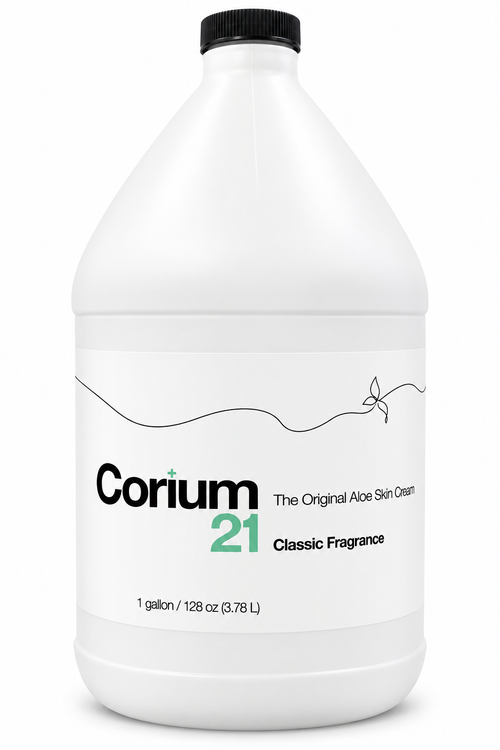 Gallon of Corium 21 aloe vera skin cream, classic fragrance