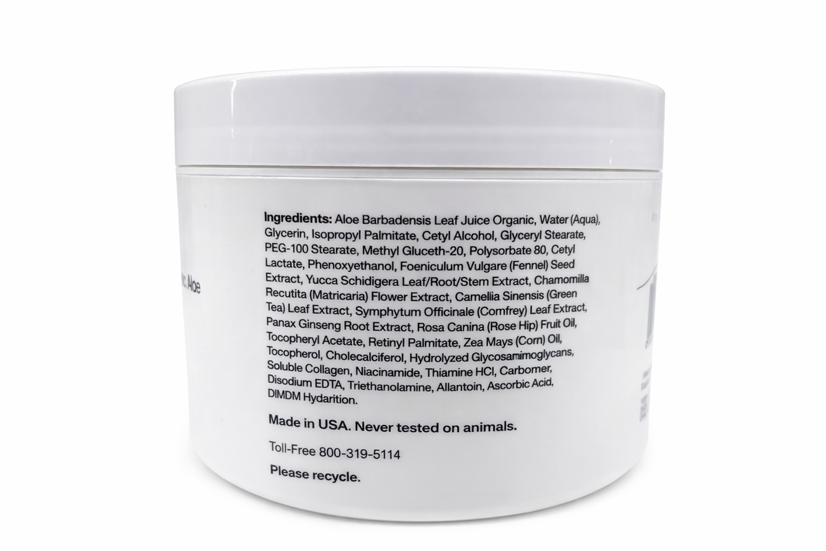 Back label of a Corium 21 jar listing the full ingredients, starting with organic aloe barbadensis leaf juice, and stating Made in USA, never tested on animals