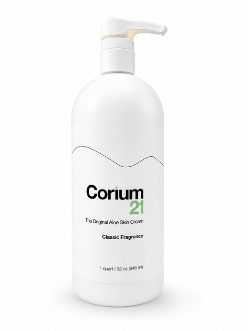 Quart of Corium 21 aloe vera skin cream with pump, classic fragrance