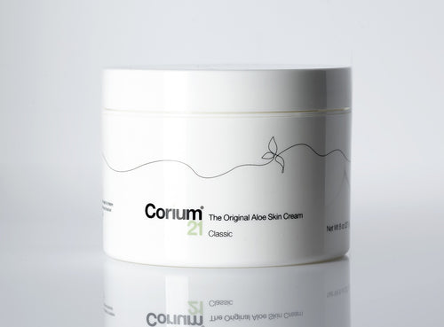 Jar of the original Corium 21 aloe vera skin cream, classic fragrance, front view